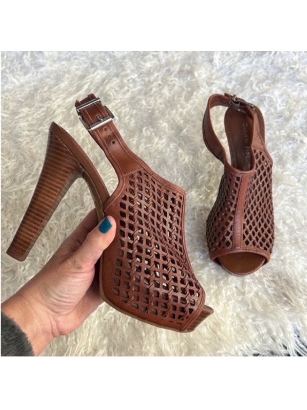 Gianni Bini Leather Woven Platform Heel Sandals Sz 9 Brown